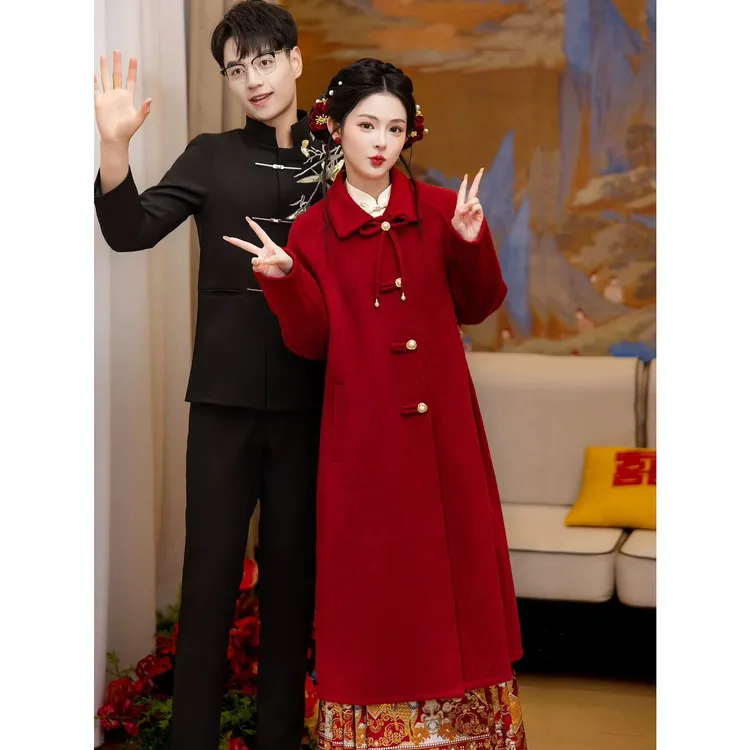 红色大衣敬酒服新中式上衣秋冬小个子新娘结婚双面羊毛外套订婚服