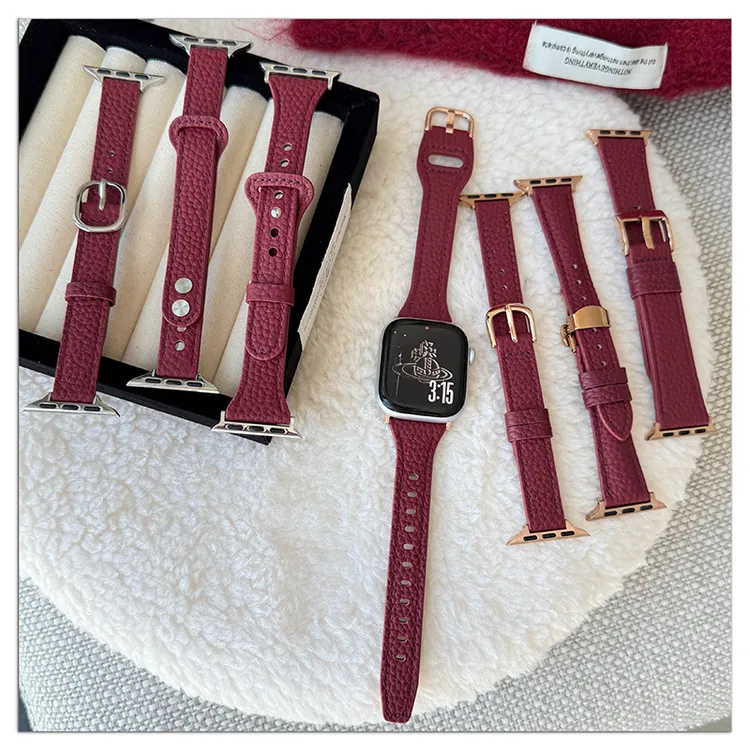 适用苹果iwatch11荔枝纹安哥拉红真皮表带S10UltraSE98女细款秋冬