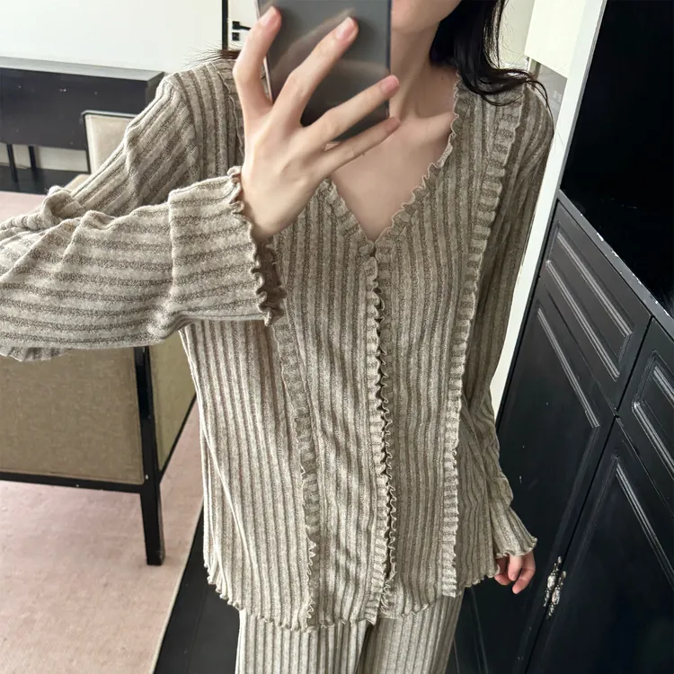 睡衣女秋冬季彩棉长袖大码保暖2025新款可外穿棕色套装冬天家居服