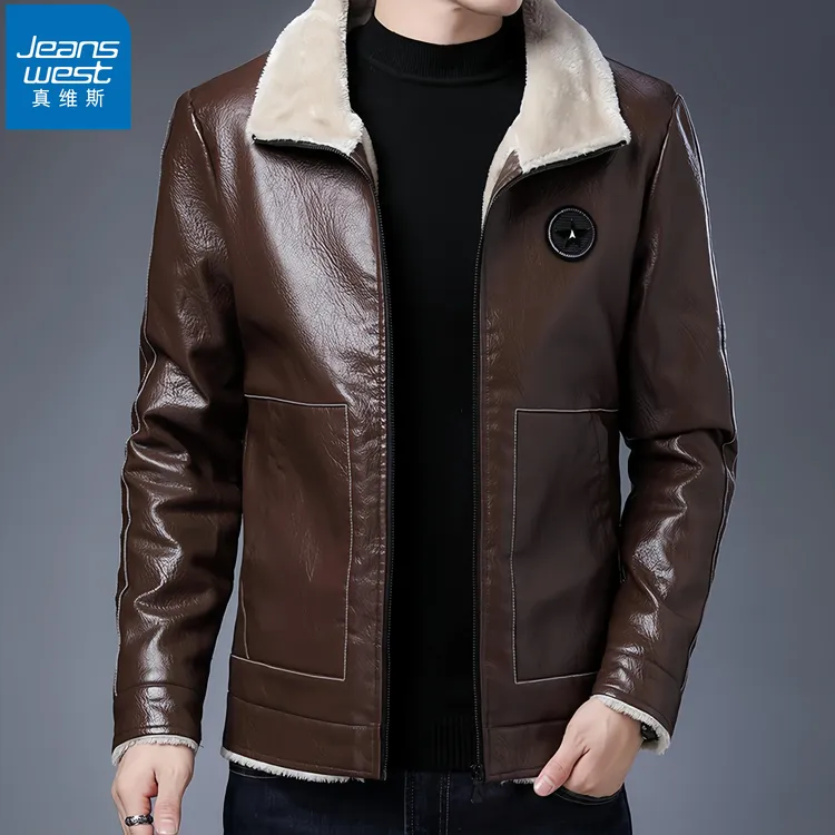 真维斯Jeanswest/冬季厚款男士保暖加绒皮衣机车时尚外套冬装夹克
