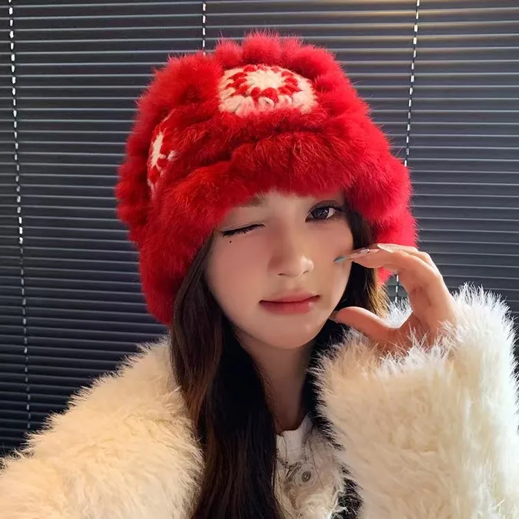 新年圣诞针织帽子女兔毛醒狮帽秋冬季2026新款护耳毛绒渔夫帽qt