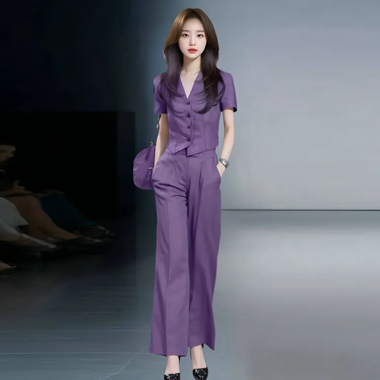 时尚套装女士2025年夏季新款韩系显瘦气质v领短袖上衣长裤两件套