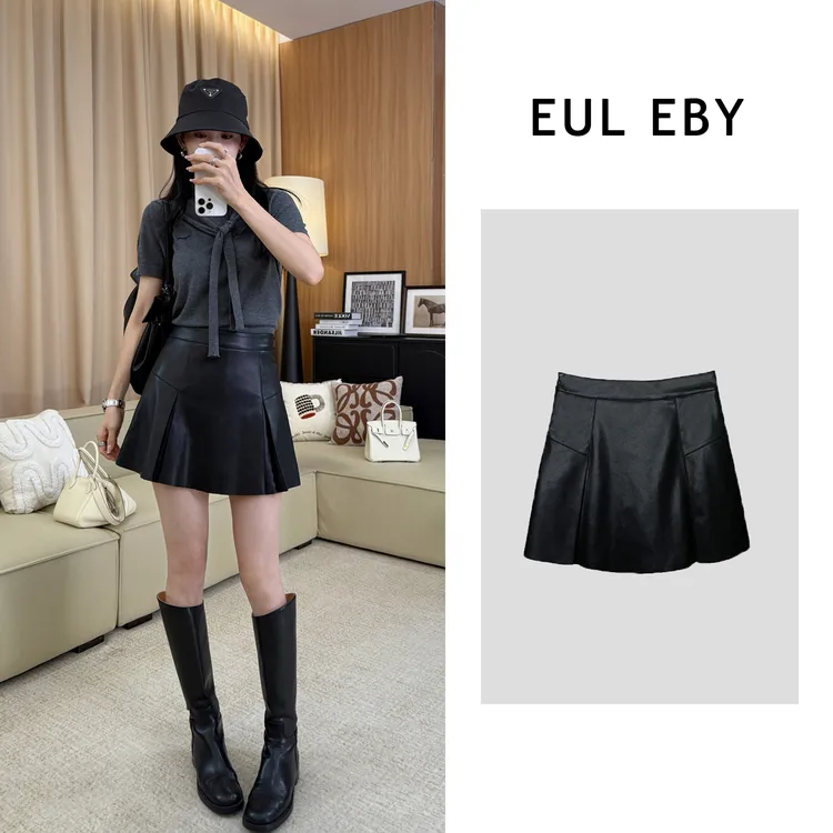 EUL EBY气质时尚PU皮百搭高腰显瘦防走光黑色秋季新款皮裙241707#