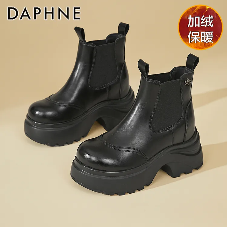 达芙妮女靴加绒烟筒马丁靴2025冬季新款高跟切尔西靴弹力袜靴短靴