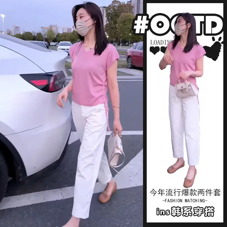 2025夏季时尚百搭圆领短袖纯色上衣气质休闲裤女日常穿搭两件套潮