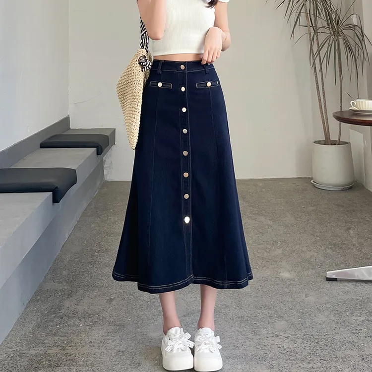 丹宁蓝牛仔半身裙女2025夏新薄款高级垂感多排扣弹力鱼尾裙伞裙子