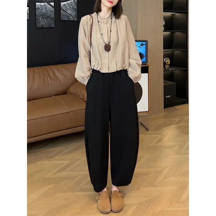 法式长袖衬衫套装女2025早秋新款高级感减龄小衫高腰哈伦裤两件套