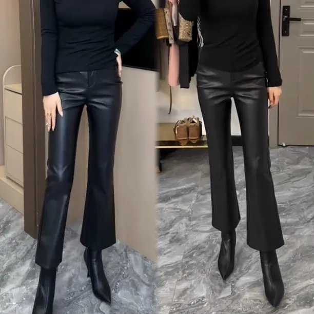 欧货高腰加绒直筒微喇叭裤九分皮裤女时尚百搭显瘦秋冬必备仿皮裤
