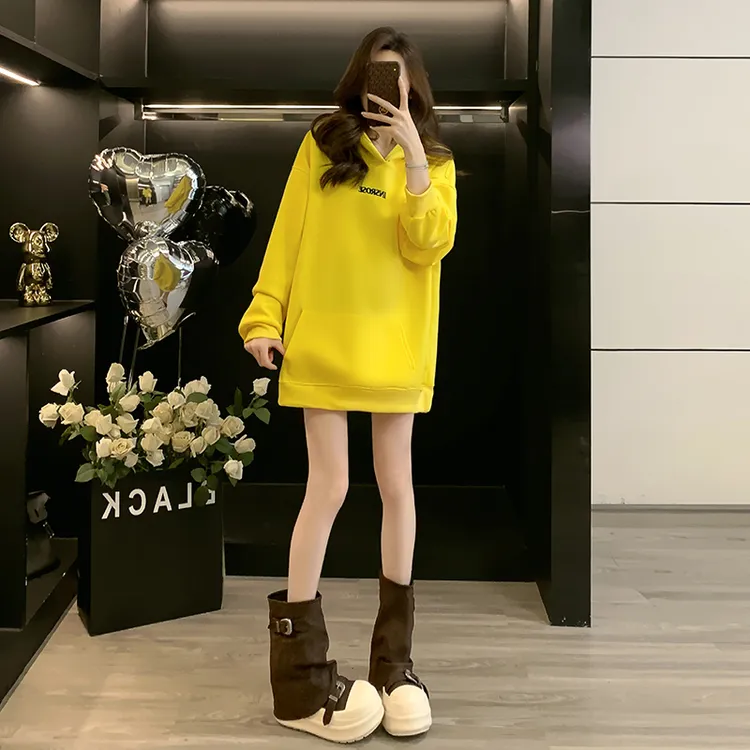 韩版秋冬连帽套头撞色刺绣春秋上衣设计感中长款卫衣百搭时尚外套