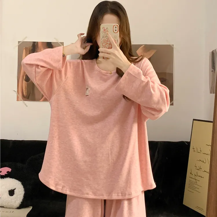 睡衣女款春秋冬季圆领韩版绵羊绒保暖加厚圆领粉色大码家居服套装