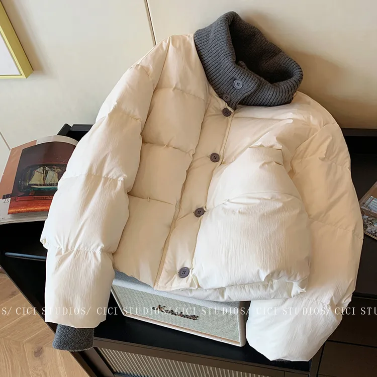 韩版撞色针织拼接立领面包服棉服女2025冬季新款加厚保暖软糯外套