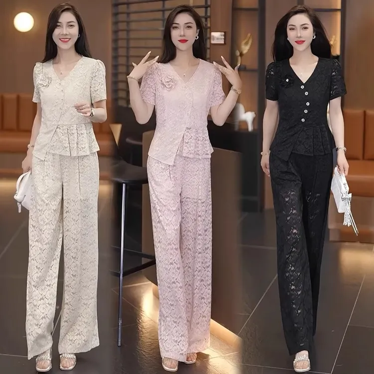 时尚蕾丝套装女2025夏季新款洋气显瘦上衣阔腿裤气质小香风两件套