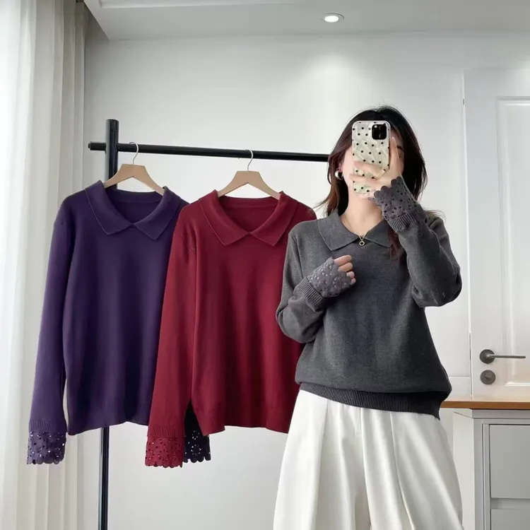 大码胖mm秋冬新款袖口镂空勾花设计高级感套头毛衣软糯针织衫3320