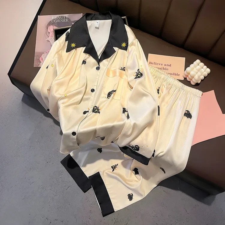 睡衣女轻奢春秋季卡通动物缎面高级感家居服套装Q19