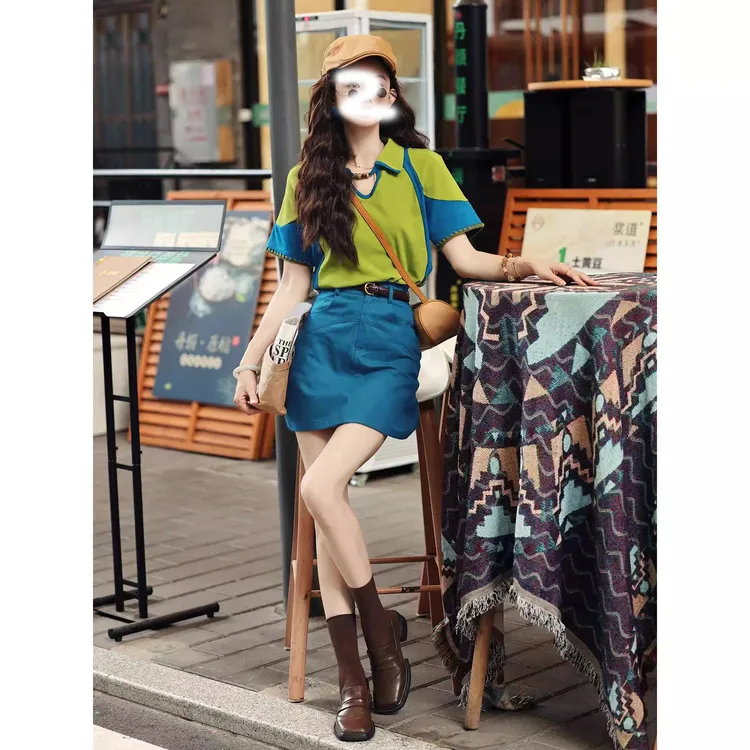 复古拼色短袖t恤2025新款宽松休闲夏季上衣显瘦高腰牛仔裙两件套