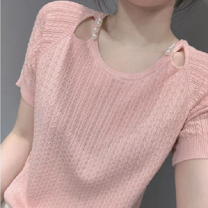 新款夏装宽松冰丝气质短袖遮肚显瘦女士锁骨上衣