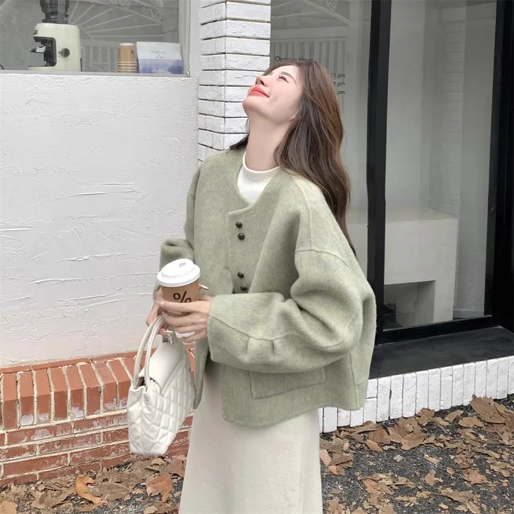 小香风绿色双面呢羊绒外套女秋冬短款呢大衣高级感韩系爆款气质款