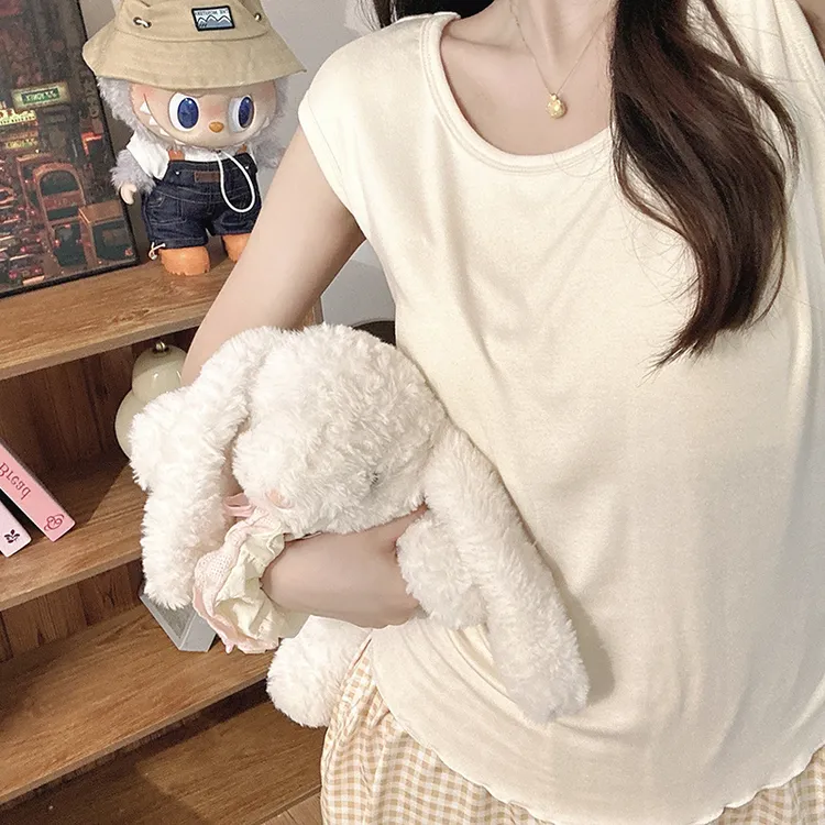 2025新款带胸垫睡衣女款夏短袖短裤简约格子高级家居服两件套装