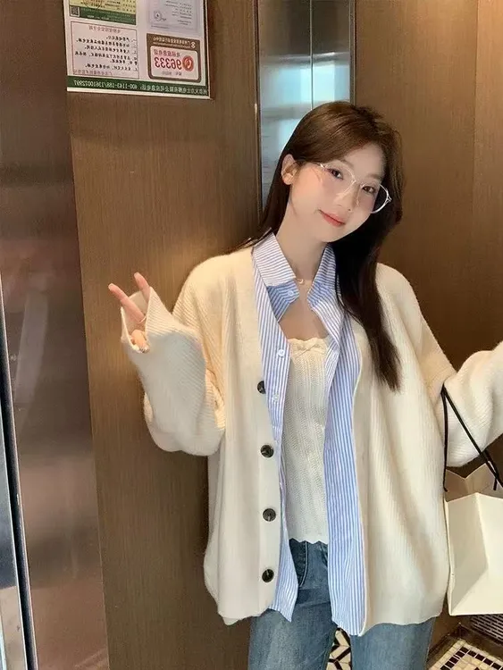 条纹衬衫假两件拼接毛衣开衫女秋冬季毛针织衫上衣外套女