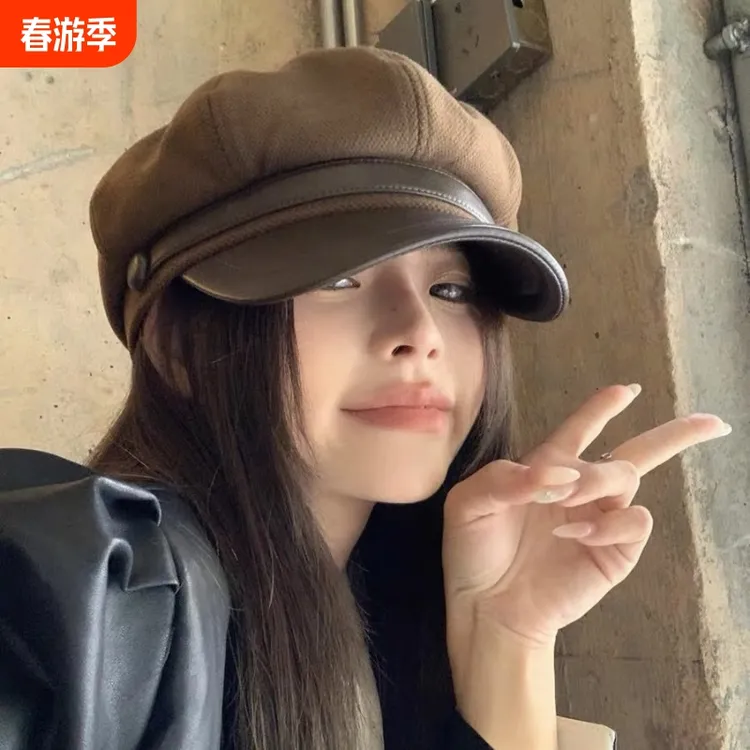 日系贝雷新款毛呢鸭舌报童帽大头围云朵八角帽PU皮质帽子画家帽女