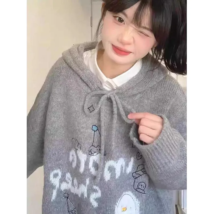 2-300斤甜美卡通连帽套头毛衣2025新款胖妹妹大码宽松百搭针织衫