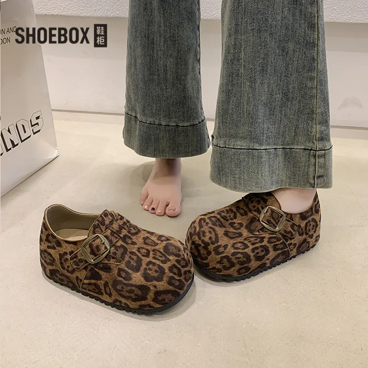 SHOEBOX鞋柜复古豹纹勃肯鞋女软底乐福鞋百搭圆头一字扣带单鞋女