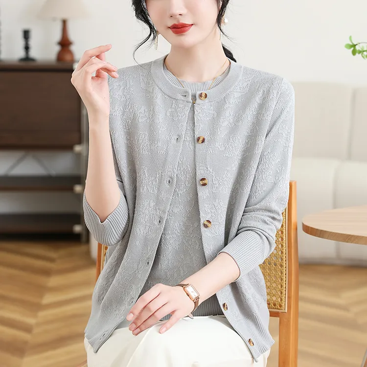 提花气质百搭上衣时尚春季两件套装短款外搭针织开衫薄款宽松毛衣