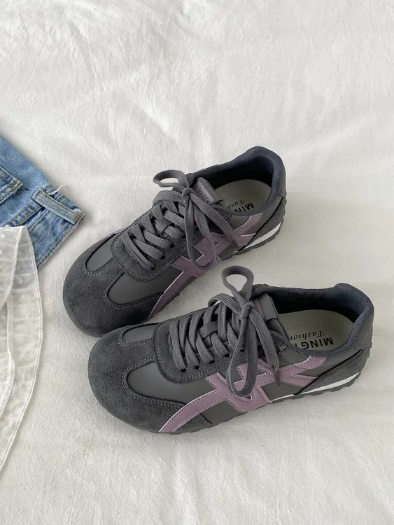 灰紫色小众德训鞋女款ins潮秋季厚底复古阿甘板鞋休闲运动鞋