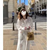 “秘密花园” 彩色刺绣花边度假宽松法式白色衬衫＋半裙套装