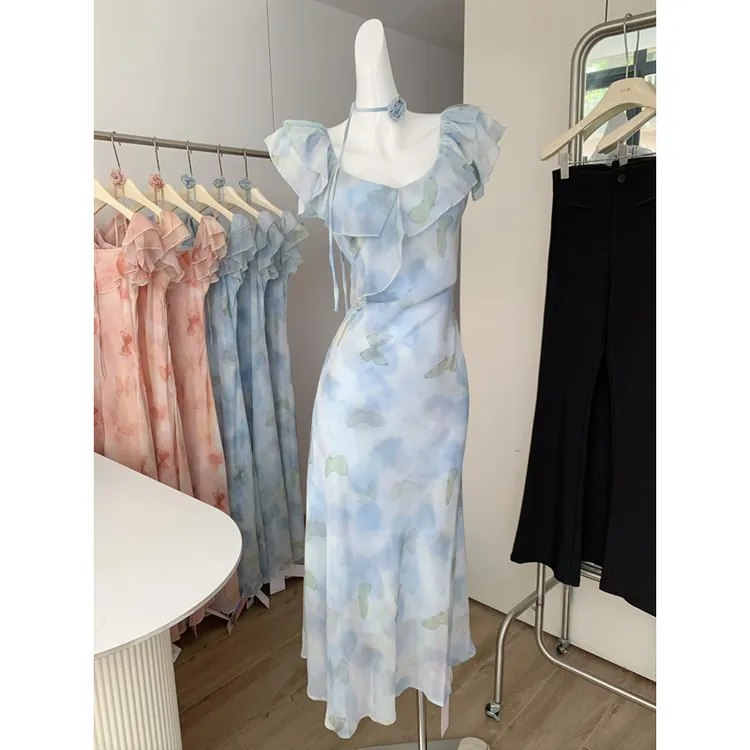 方领荷叶边印花连衣裙女2025夏季新款韩系温柔风仙女气质收腰长裙