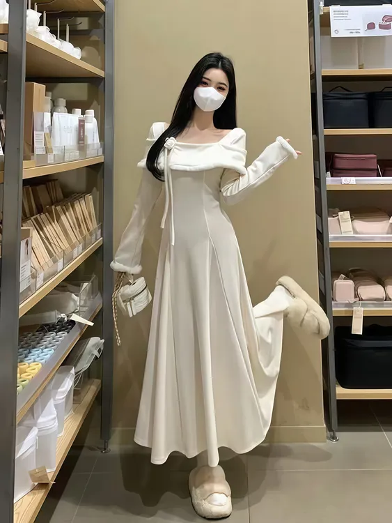 大码法式温柔风方领连衣裙秋冬胖mm显瘦收腰内搭打底气质大摆裙子