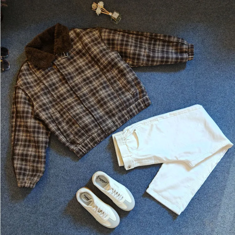 复古格纹皮毛一体夹克男冬季金属皮带扣领加绒加厚保暖夹克外套