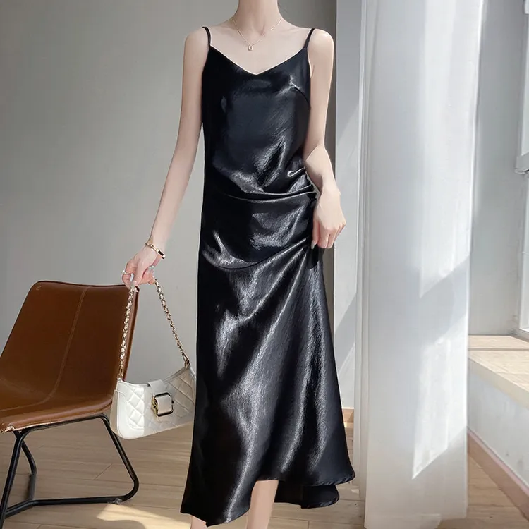 夏季吊带长裙肩带可调收腰无袖连衣裙显瘦百搭腰部有褶名媛法式