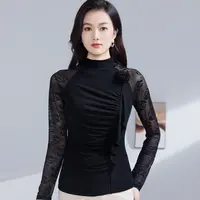 2025秋装长袖拼接小衫女上衣设计感荷叶边洋气半高领打底衫女
