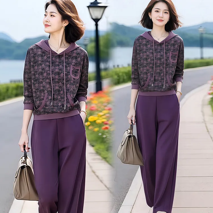 官图 休闲女装简约百搭设计时尚印花连帽卫衣+松紧腰九分裤两件套