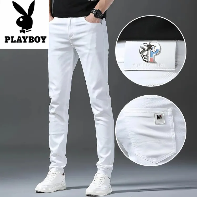 花花公子白色牛仔裤男春秋季弹力修身直筒高级感男裤牛仔裤休闲裤