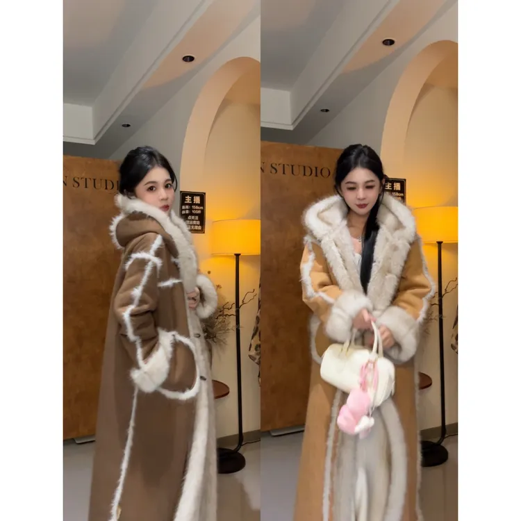 人造皮草 双面穿连帽毛毛冬季厚款长袖长款大衣外套中长款加厚