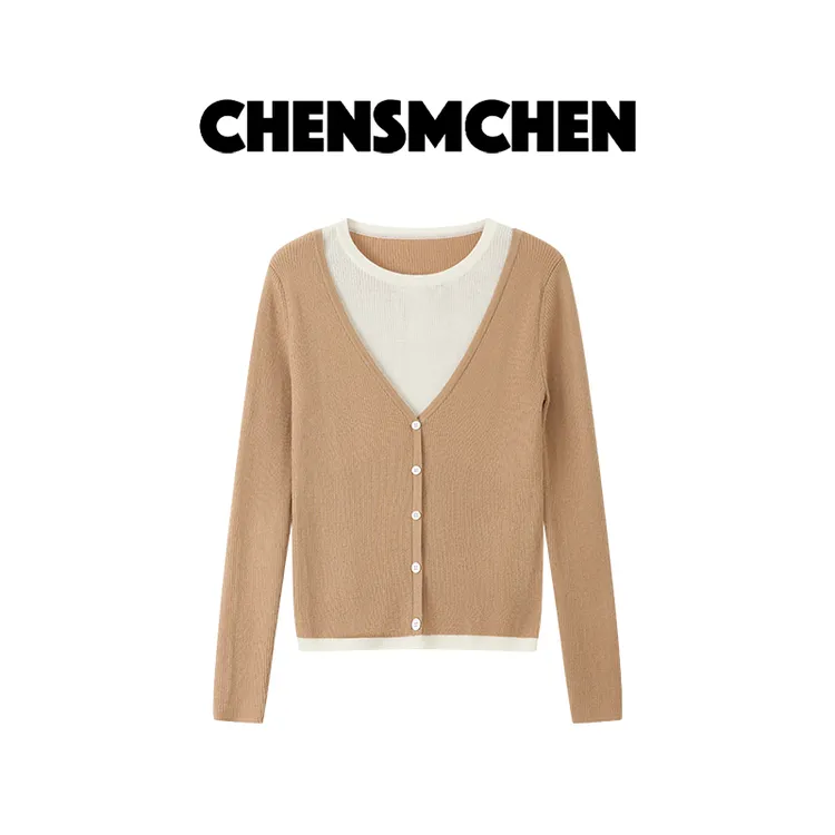 CHENSMCHEN 绵羊毛拼接长袖针织衫女时尚简约百搭上衣CSZ9619YW
