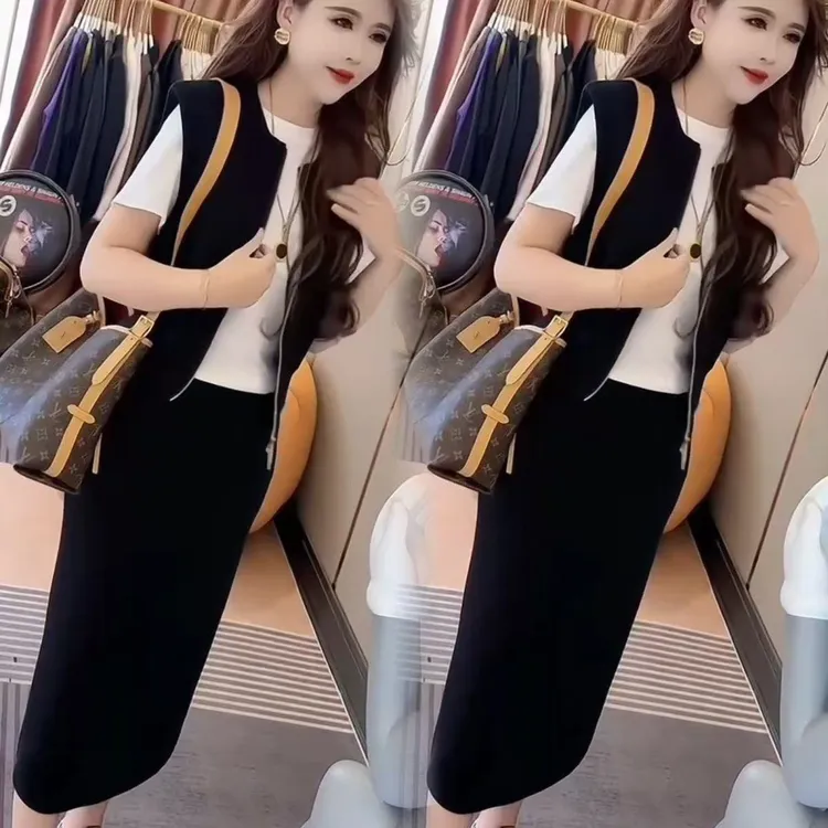 时尚气质显瘦马甲短袖T恤半身裙休闲套装女春夏穿搭2025新款时尚