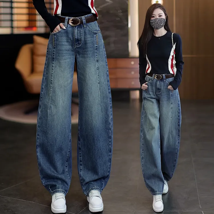 复古休闲弯刀牛仔裤女2025秋冬加绒季新款高腰显瘦宽松窄版阔腿裤