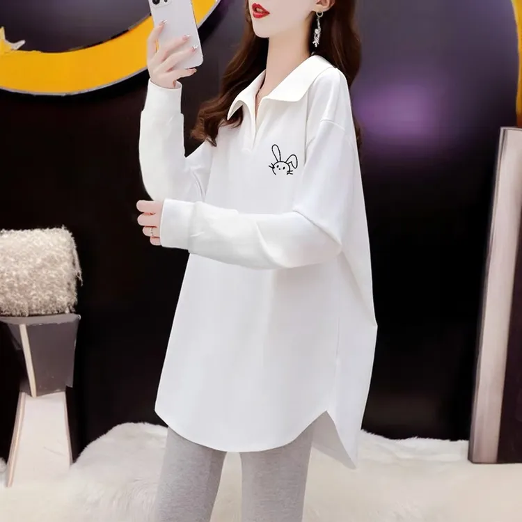 圆弧下摆百搭显瘦t恤秋季新款POLO领减龄长袖白色德绒打底衫女士