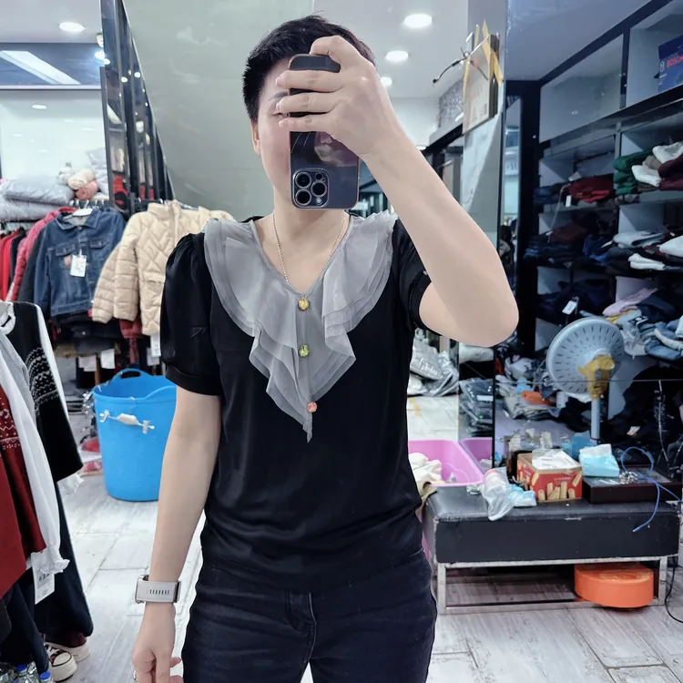 春款夏穿气质灰色欧根纱V领大版上衣68966品