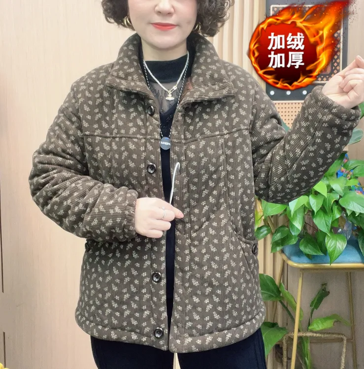 棉衣常规款不起球短款女休闲百搭冬装棉服印花保暖加绒加厚外套