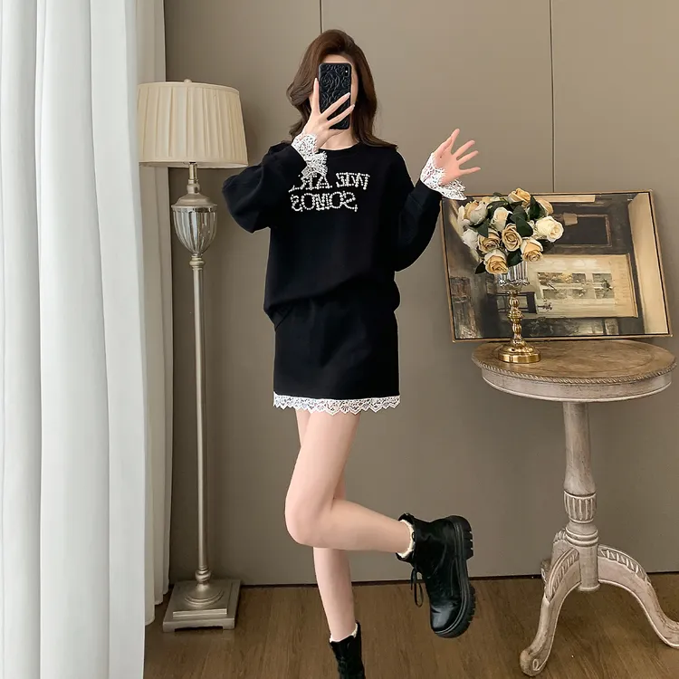 休闲风时尚套装洋气撞色长袖半裙穿搭高级感潮流显瘦显高显气质女