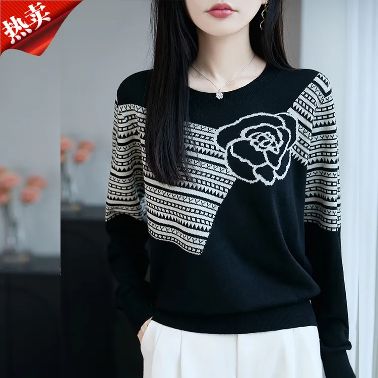 时尚品牌正品2025新款牡丹花优雅长袖针织衫圆领气质上衣打底衫