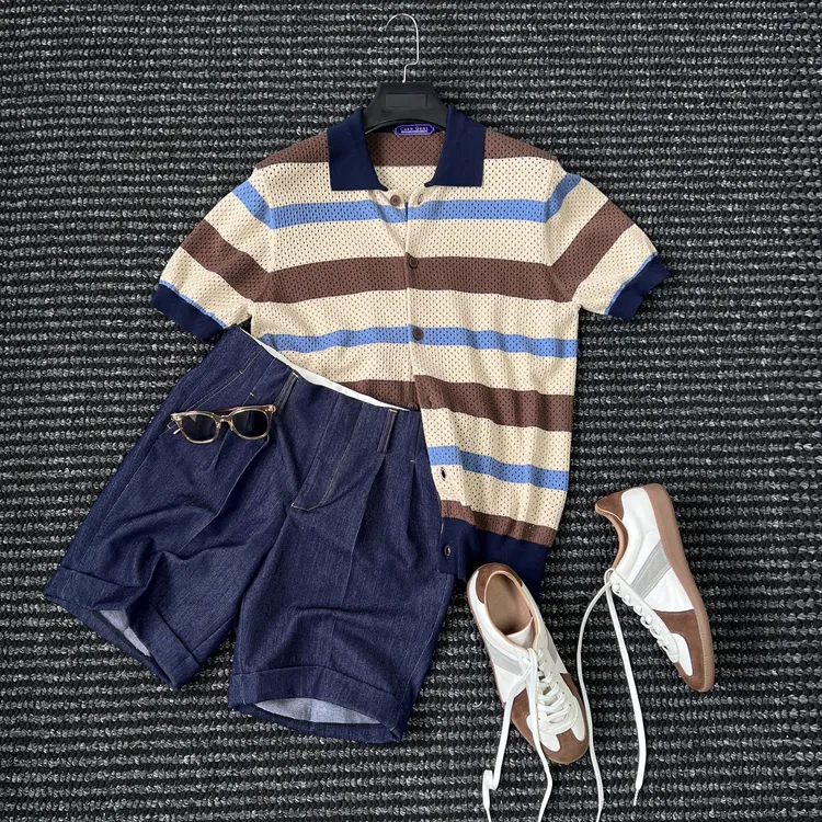 CssuGent绅士优雅 那不勒斯 经典条纹镂空针织POLO衫男休闲透气t