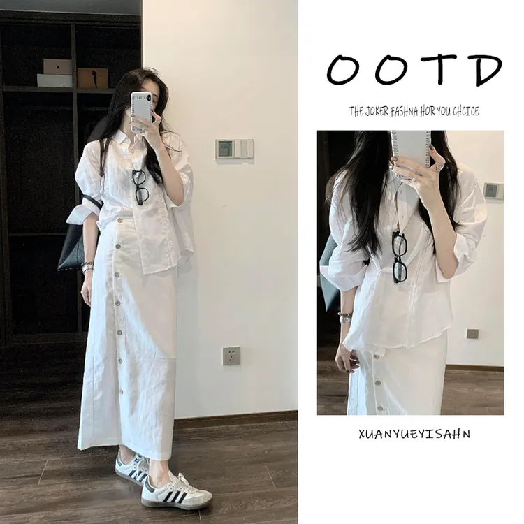 今年流行一整套2025夏季韩系气质衬衫不规则设计感半身裙两件套潮