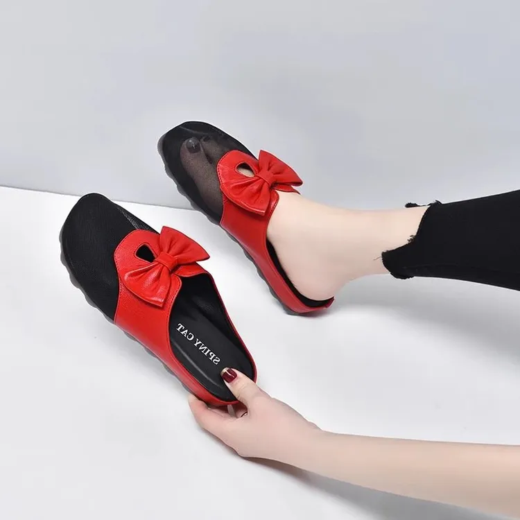 2025新款真软皮网纱拖鞋女夏季外穿蝴蝶结平底凉拖软底防滑包头鞋