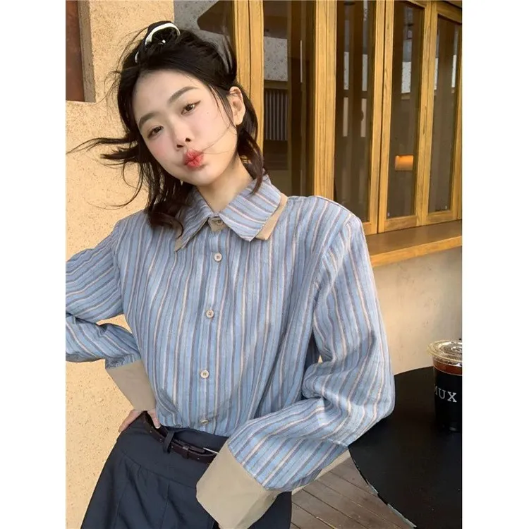 蓝色条纹长袖衬衫女秋季小个子衬衣设计感小众法式别致高级感上衣