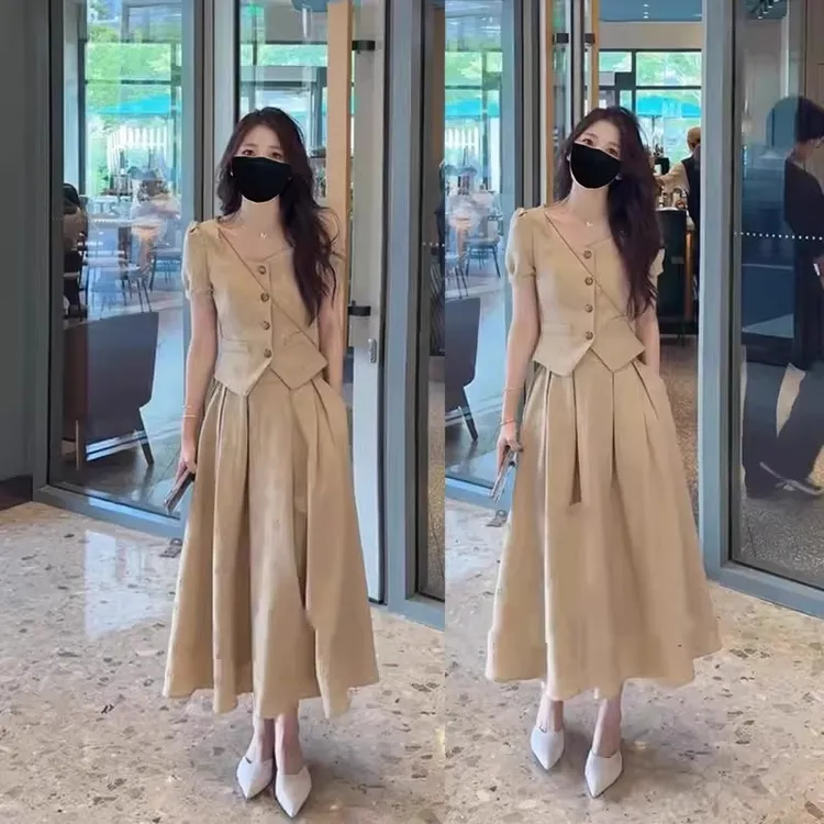 【300斤胖妹妹】法式名媛风上衣夏季新款气质高腰半身裙显瘦两件套